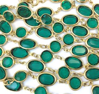 Vintage Bezel Set Rhinestone Necklace Green Glass 35” Long Unclasped Gold Tone