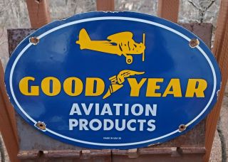 Vintage 1939 Goodyear Aviation Products Porcelain Metal Sign Airplane