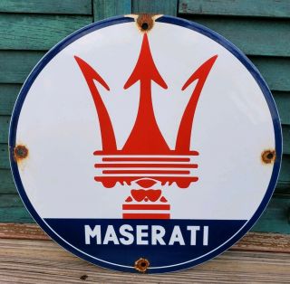 Vintage Maserati Sports Car Porcelain Sign Oil Gasoline Dealer Sign Italy