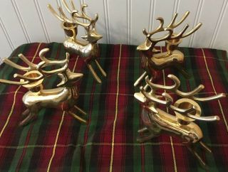 Set Of 4 Vintage Brass Deer Figure Taper Candle Holders Reindeer Euc 6”.  Tall