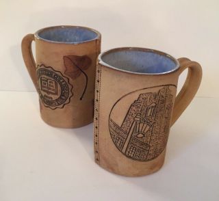 Set Of 2 Handmade Pottery Mugs Brown Leather Look Westminster College Signed Cup