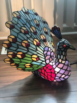 Tiffany Style Peacock Lamp Stained Glass Design Vintage Antique 13” Jeweled