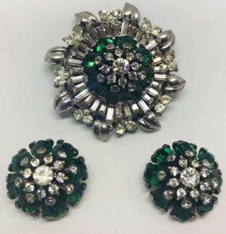 Rare Pennino Sterling Emerald Sunburst Flower Pin - Pendant & Matching Earrings