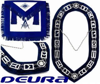 Masonic Regalia Master Mason Blue Lodge Silver Chain Blue Collar Apron Package