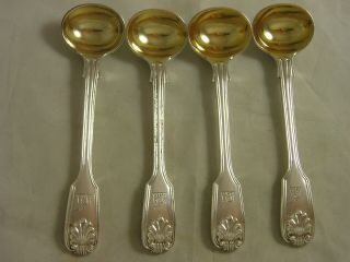 Fine 1895 Set 4 Silver Mustard Spoons 144 Grams Fiddle Thread Shell Crest Boyton