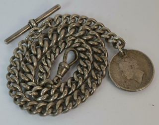 Antique Heavy Solid Silver Double Albert Pocket Watch Chain Necklace & Coin Fob