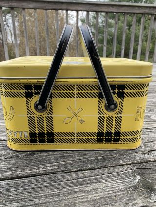 Vintage Retro Nesco Yellow Plaid Tin Handled Picnic Basket