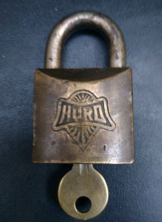Hurd Padlock Brass Vintage Antique Old Square Lock Embossed With Key Made In Usa