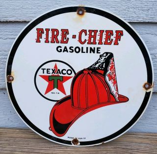Vintage 1951 Texaco Fire - Chief Gasoline Porcelain Enamel Oil Gas Fuel Pump Sign