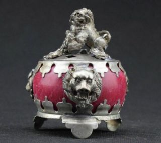 Gorgeous Decorated Vintage Handwork Jade Armored Carving Lion Incense Burner Rn