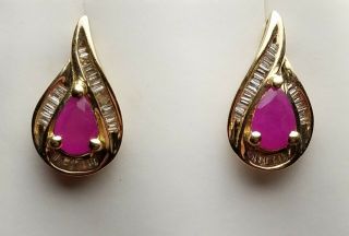 Estate 14k Yellow Gold Diamond & Ruby Earrings - 585 - P☆m 1.  20tgw - Usa Ship
