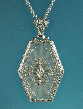 1930s Deco Camphor Glass Necklace Diamond Paste Sunray Crystal Sterling Chain Ex