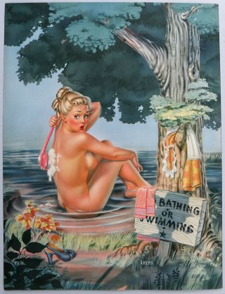 Vintage 1940s Bill Layne Large Pin - Up Print Nude Skinny Dipper Louis F.  Dow Fine