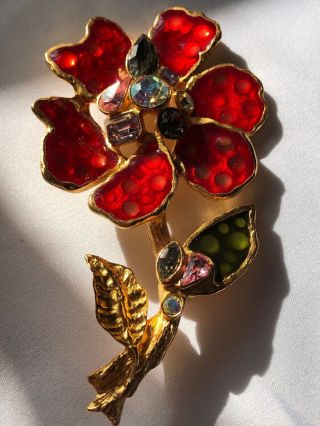 Vintage Christian Lacroix Bijoux Signed Enamel & Crystal Flower Pin Brooch 4”