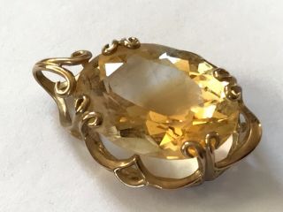 Vintage 9 Ct Gold Citrine Pendant Lavalier Necklace Drop.  Large 1 1/8” X 3/4”.