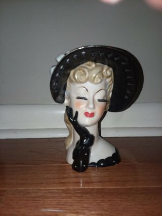 Vintage Napco Ceramic Lady Head Vase Black S348a Lana Turner