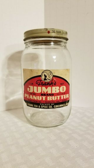 Vintage Jumbo Brand Peanut Butter Jar 1 Lb Paper Label Lid Frank Tea & Spice Co