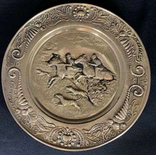 Vintage Set Of 2 Brass Wall Plates Fox Hunting Scene Made In England 14”