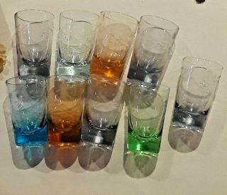 9 Vintage Frosted Etching Shot Glasses,  Pretty Design