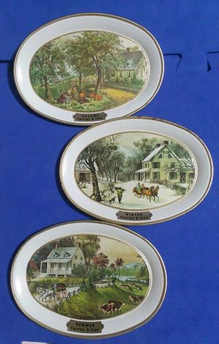 The American Homestead Winter Summer Autumn Currier And Ives Tin Trays Set Of 3