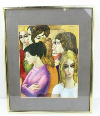 Vintage 60s Margaret Keane 16x13 " 1962 Framed Art Print Big Eye Girls " Freshmen "