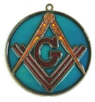 Masonic Medallion Freemasonry Stained Glass Style Embedded Details Ornament Vtg