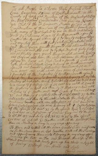 1752 Colonial Province Of Massachusetts Bay Indenture Land Deed North Yarmouth