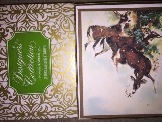 Vintage 70s Avon Designer Christmas Card Box Of 25 Snow Falling Deer Running,  Env