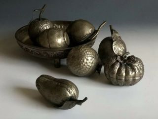 Vintage Cambodian Various Shaped Silver Metal Betel Nut Boxes With Holder