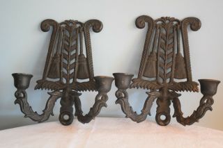 Vintage Cast Iron Wall Sconce,  Broom Motif,  Double Candle Holder - Pair