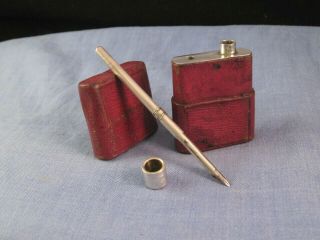 Antique Georgian Silver Red Morocco Leather Travelling Inkwell Dip Pen Penner