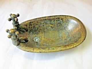 Vintage Brass Soap Holder - In Shape Of Bath Tub W Faucets - Patina