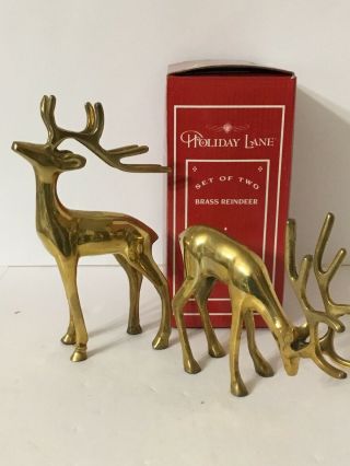 2 Vintage Brass Deer Statues Reindeer Buck & Doe Christmas Holiday Mid Century