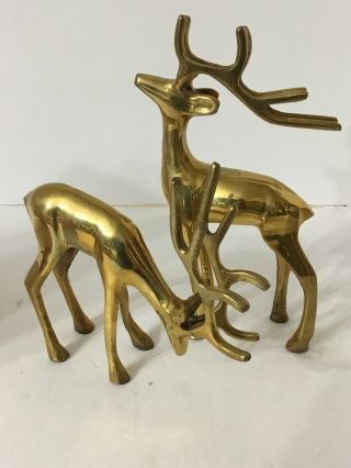 2 Vintage Brass Deer Statues REINDEER Buck & Doe Christmas Holiday Mid Century 2