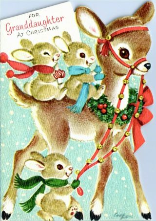 Marjorie Cooper Fawn Deer Reindeer Bunny Wreath Bell Vtg Christmas Greeting Card