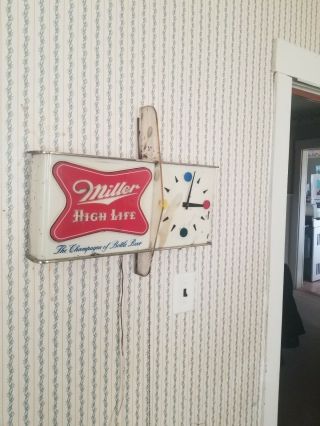 Vintage Miller High Life Shark Fin Lighted Sign With Color Dots Clock