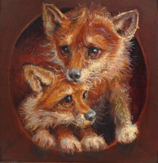 Authentic ANTHONY BARHAM,  Baby Fox Kits,  Trompe L ' Oeil Oil Painting,  NR 3