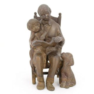 Handmade Brass Sculpture 5.  25 " Tall Man Reading With Child & Dog