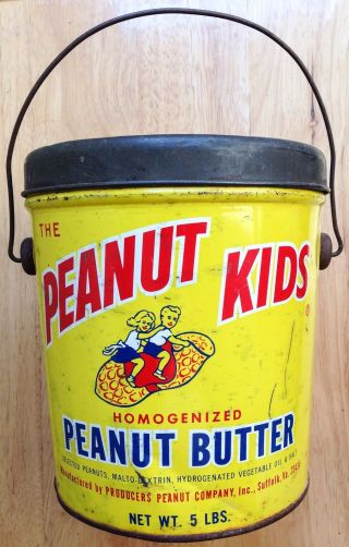 1950s The Peanut Kids Peanut Butter Bucket,  5 Pound Tin Pail,  Suffolk,  Va