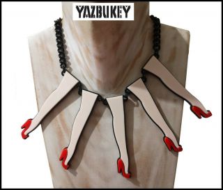 Fab Signed Yazbukey Metal And Resin Bib Necklace - Ladies Legs W/ Red High Heels
