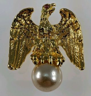 Ann Hand 18k Gold Plate Ruby Liberty Eagle Pearl Ball Designer Vtg Brooch Pin Nr