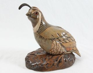 Tom Taber California Quail Wood Carving Decoy Signed Bird Sculpture Glass Eyes
