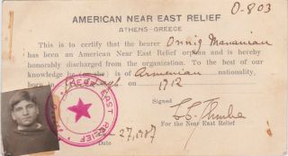 Armenia Turkey 1907 Near East Relief Armenian Genocide Refugee Id Card