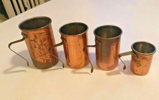 Vintage Copper Measuring Cups Hanging Rack Brass Handle 1 1/4 1/2 3/4 Cup Old