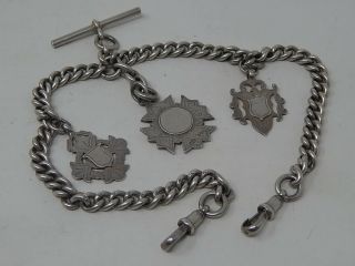 Antique Double Albert Solid Silver Pocket Watch Chain With Triple Silver Fobs