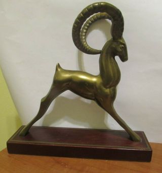 Vintage Ibex Statue Brass Hollywood Regency Rosewood Brass Inlay Base Patina 8 "