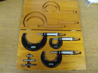Vintage Starrett No 436 Micrometer Set 3 Piece 0 - 1 " 1 - 2 " And 2 - 3 " In Wood Case