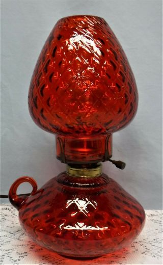 Vtg Mcm Fenton Ruby Red Diamond Optic Electric Courting Finger Oil Lamp