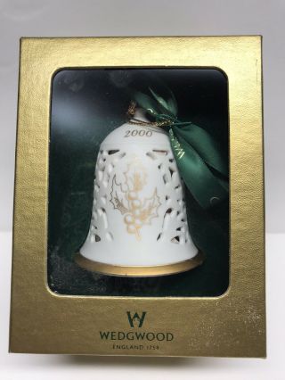 Wedgwood Christmas Bell 2000 Porcelain Eggshell Gold Trim Ornament 4 " Tall