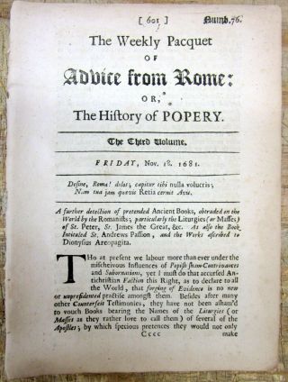1681 London England Newspaper 340 Years Old - Weekly Pacquet Of Advice